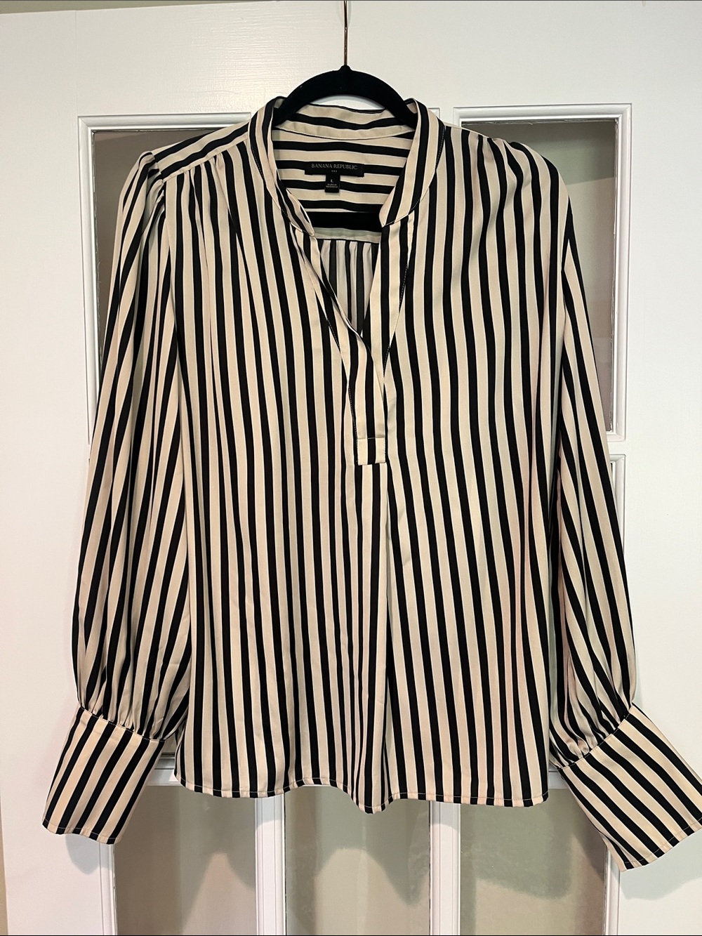 Banana Republic Black and Cream Striped Long-Sleeve Blouse
